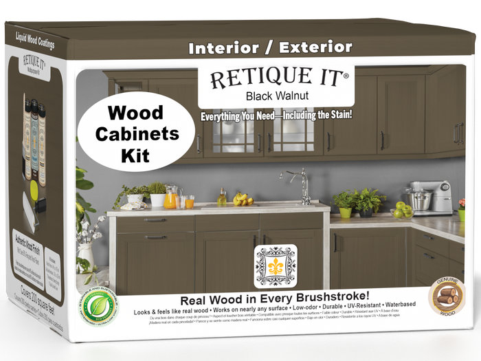 Black Walnut Wood'n Cabinet Kit with 24 smooth doors by Retique It, shown in a 3D cabinet box image