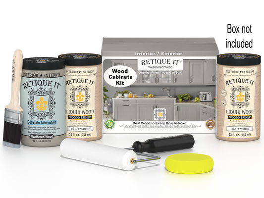 Weathered wood stain kit for cabinets with 24 smooth doors from Retique It Wood'n Cabinet Kit series.