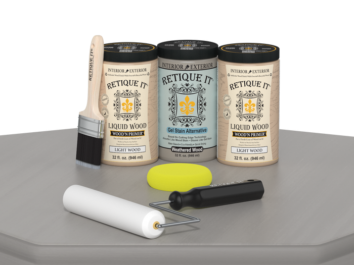Weathered Wood Wood'n Cabinet Kit with 24 smooth doors by Retique It, featuring stain application on cabinet surface.