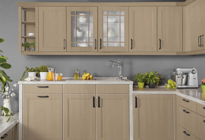 Weathered wood finish on smooth kitchen cabinet doors from Retique It Wood'n Cabinet Kit with 24 doors.