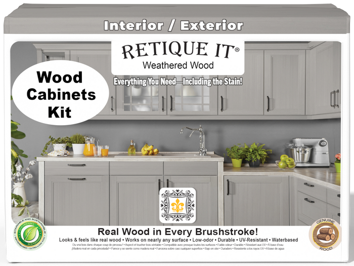 Weathered wood cabinet doors from Retique It Wood'n Cabinet Kit with 24 smooth doors for a rustic stained look.