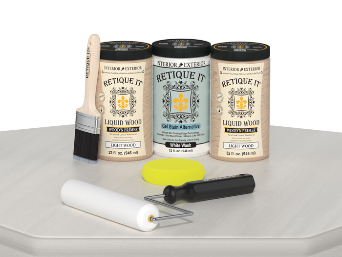 Retique It Wood'n Cabinet Kit with 24 white wash stained, smooth cabinet doors and table surface for DIY furniture projects.
