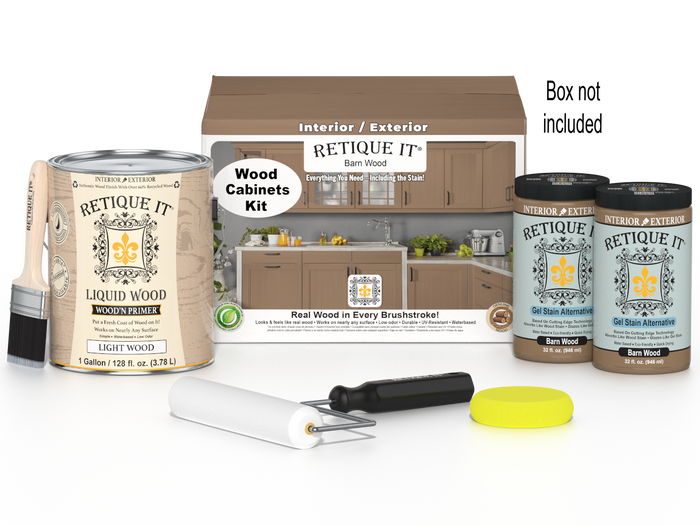 Retique It Wood'n Cabinet Kit with 48 barn wood doors in a smooth stain finish, ideal for updating kitchen or cabinet interiors.