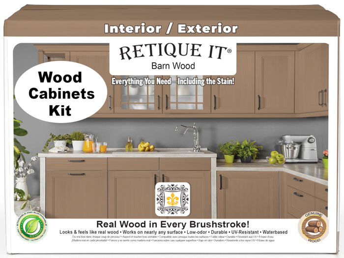 Retique It Wood'n Cabinet Kit with 48 smooth barn wood doors, ideal for staining and enhancing kitchen or furniture cabinets.