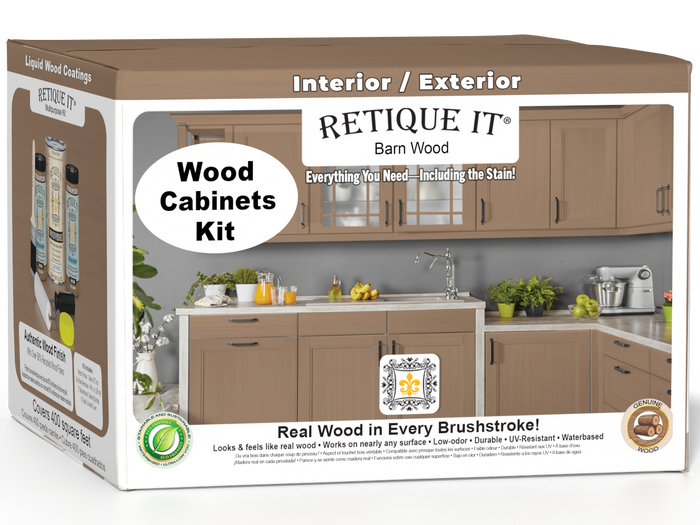 Retique It Wood'n Cabinet Kit with 48 barn wood doors, smooth finish, stain options, shown in a 3D cabinet box.