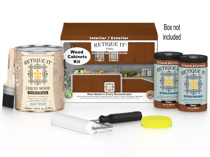 Retique It Wood'n Cabinet Kit with 48 cherry-colored smooth stained cabinet doors, shown in a box with packaging.