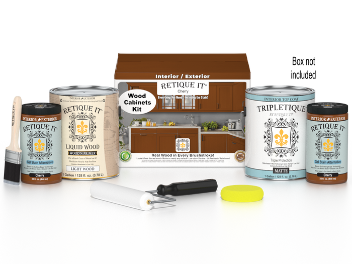 Retique It Wood'n Cabinet Kit with 48 cherry-colored smooth door stains and included hardware for kitchen cabinetry.