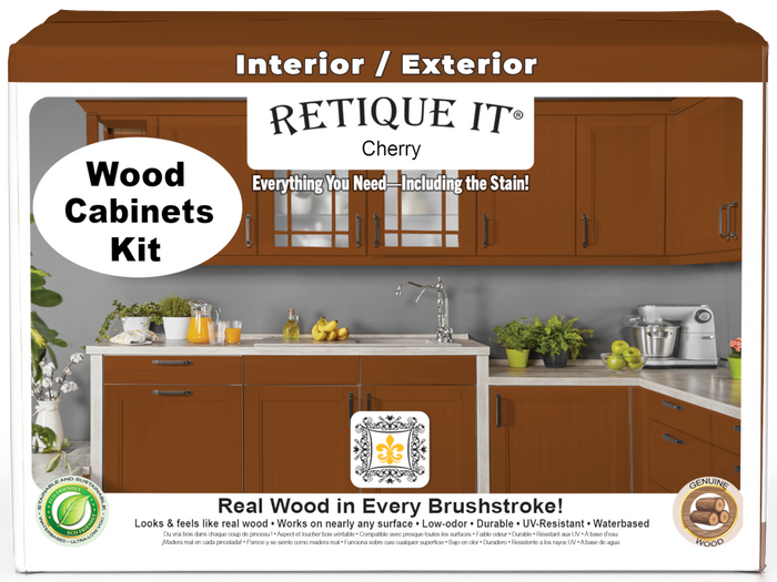 Retique It Wood'n Cabinet Kit with 48 cherry-colored, smooth door stain for kitchen cabinets, front view.