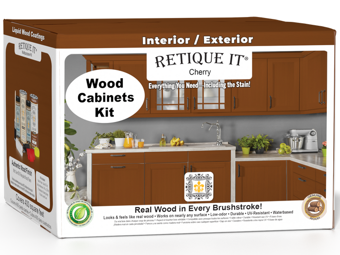 Retique It Wood'n Cabinet Kit with 48 cherry-stained smooth cabinet doors and panels, ideal for kitchen or bathroom cabinetry.