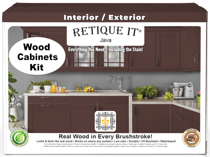 Retique It Wood'n Cabinet Kit with Java stain, 48-door smooth design, showcasing front view of kitchen cabinets.