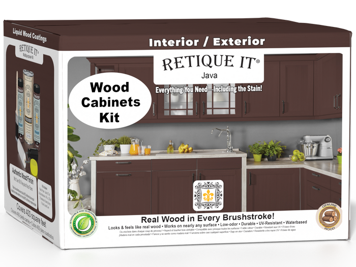 Retique It Wood'n Cabinet Kit with Java stain, featuring 48 smooth cabinet doors and box components, ready for installation.