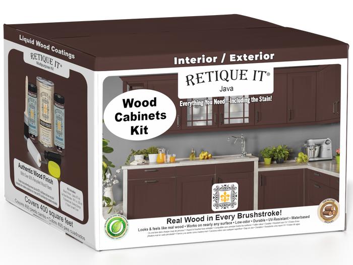 Retique It Wood'n Cabinet Kit with 48 Java-stained smooth cabinet doors, showcasing a natural wood finish for kitchen or bathroom.
