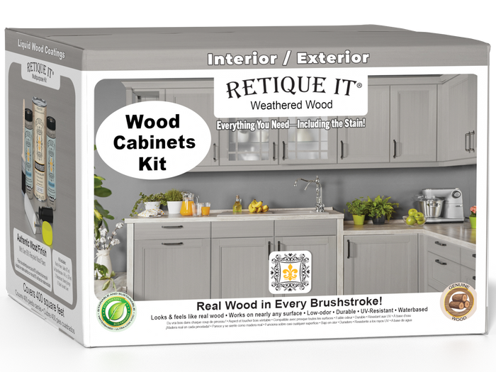 Weathered Wood Wood'n Cabinet Kit with 48 smooth cabinet doors, stained by Retique It for a rustic, weathered finish.