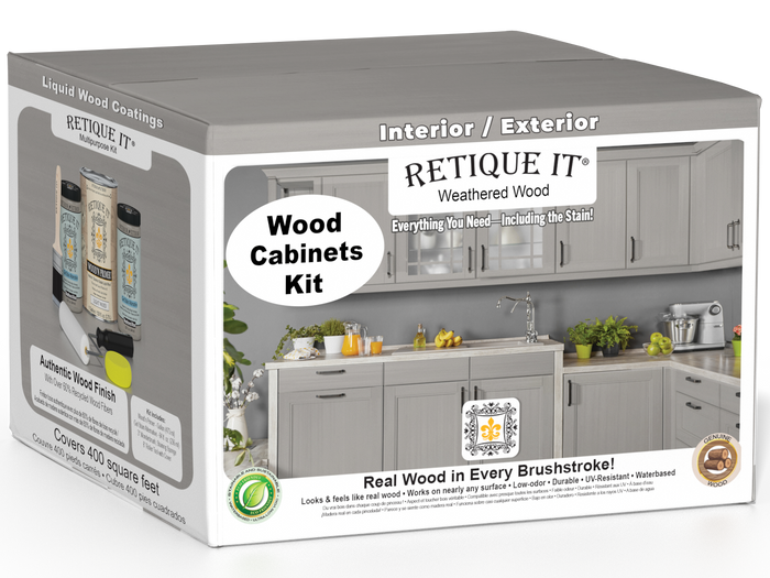 Weathered wood stain kit for cabinets with 48 smooth doors from Retique It Wood'n Cabinet Kit series.