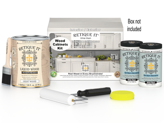 Retique It Wood'n Cabinet Kit with 48 white wash stained cabinet doors, smooth finish, ideal for kitchen or bathroom renovation.