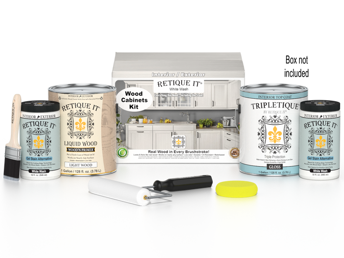 Retique It Wood'n Cabinet Kit with 48 white wash doors, smooth finish, for cabinet staining and refinishing projects.