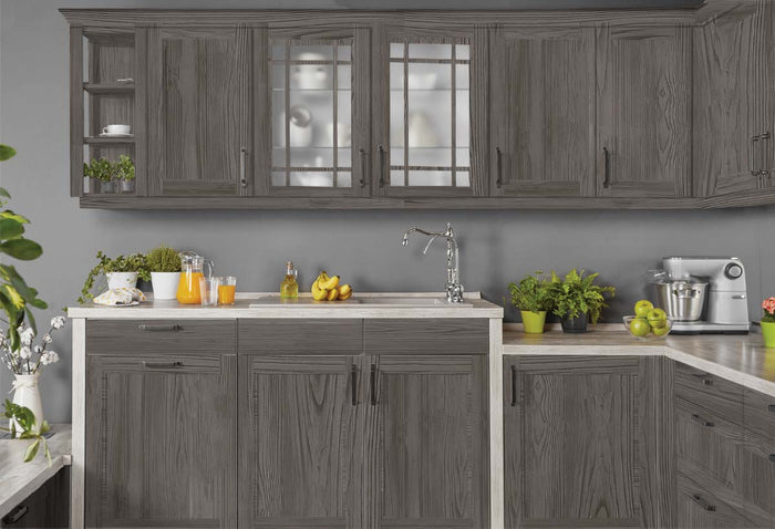 Retique It Wood'n Cabinet Kit with 12 grained Harbor Gray stain applied to kitchen cabinet doors, showcasing a textured wood finish.