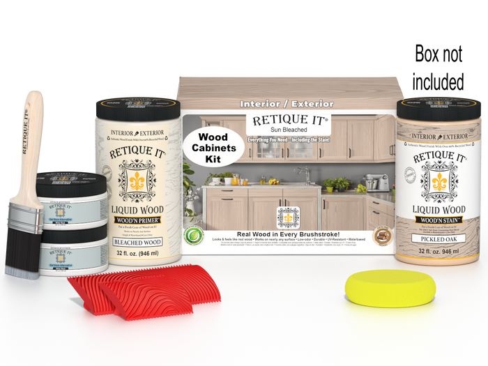 Sun-bleached Wood'n Cabinet Kit by Retique It with 12 grained cabinet doors and finishing supplies, shown with packaging.