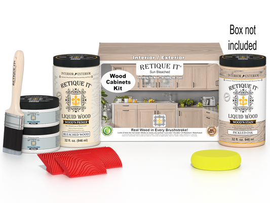 Sun-bleached Wood'n Cabinet Kit by Retique It with 12 grained cabinet doors and finishing supplies, shown with packaging.
