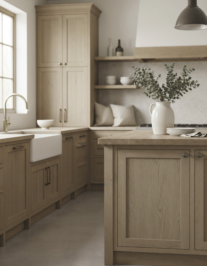 Retique It Wood'n Cabinet Kit in Drift Wood stain, featuring 24 grained cabinet doors with a rustic French oak finish.