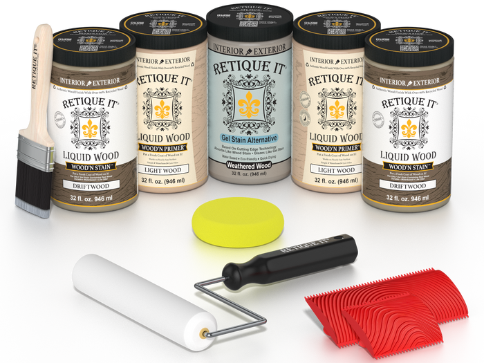 Retique It Wood'n Cabinet Kit in Drift Wood stain, featuring 24 grained cabinet doors with a natural wood finish.