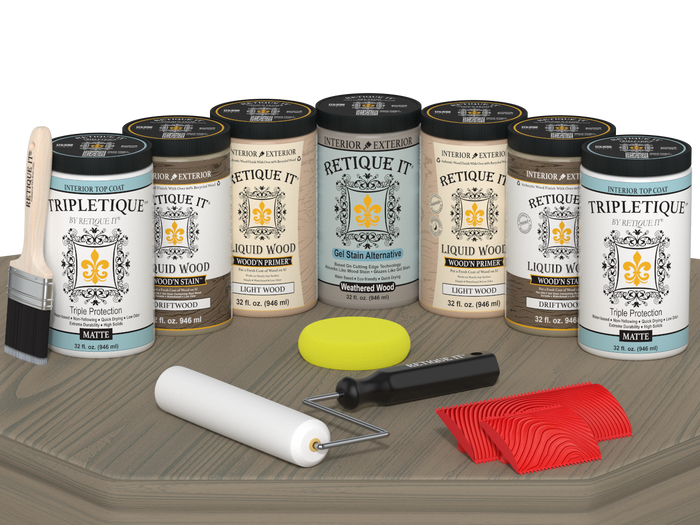 Retique It Wood'n Cabinet Kit in Drift Wood stain with 24 grained cabinet doors on a table surface.