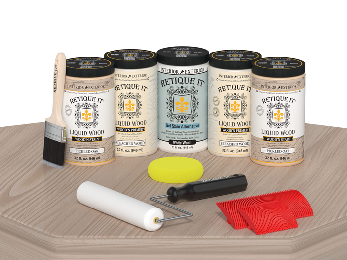Retique It Wood'n Cabinet Kit with 24 grained, sun-bleached wood finish doors displayed on a table.