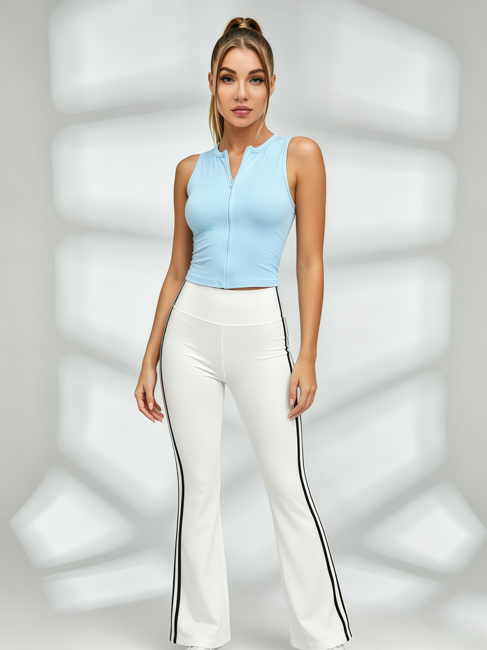 Zip-Front Cropped Tank & White Black Stripe High-Waisted Flare Legging Set